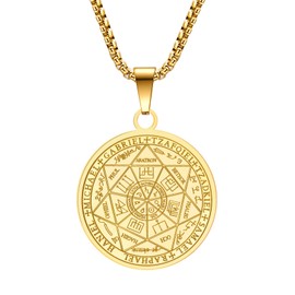 Yaumatea Seven Archangels Pendant Necklace For Men Women Protection Amulet Archangel Michael Coin Pendant Necklace Gabriel Uriel Spiritual Stainless Steel Medal Necklace 24 inches (Gold)