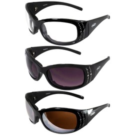 Global Vision Marilyn 2 Plus - anteojos de motocicleta acolchadas para mujer, 4 pares con espejo de conducción de humo transparente y lente de espejo azul, Espejo de conducción y humo transparente,