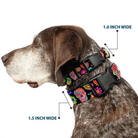 Buckle-Down Plastic Clip Collar - Bobo Sugar Skull/Paisley Black/Multi Color - 1/2" Wide - Fits 6-9" Neck - Small