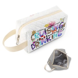 SuoSycorax Cruise Drinking Printed Quilted Makeup Pouch for Women - Velvety Polyester Cosmetic Organizer w/Triple Compartments, Travel & Makeup Brush Holder