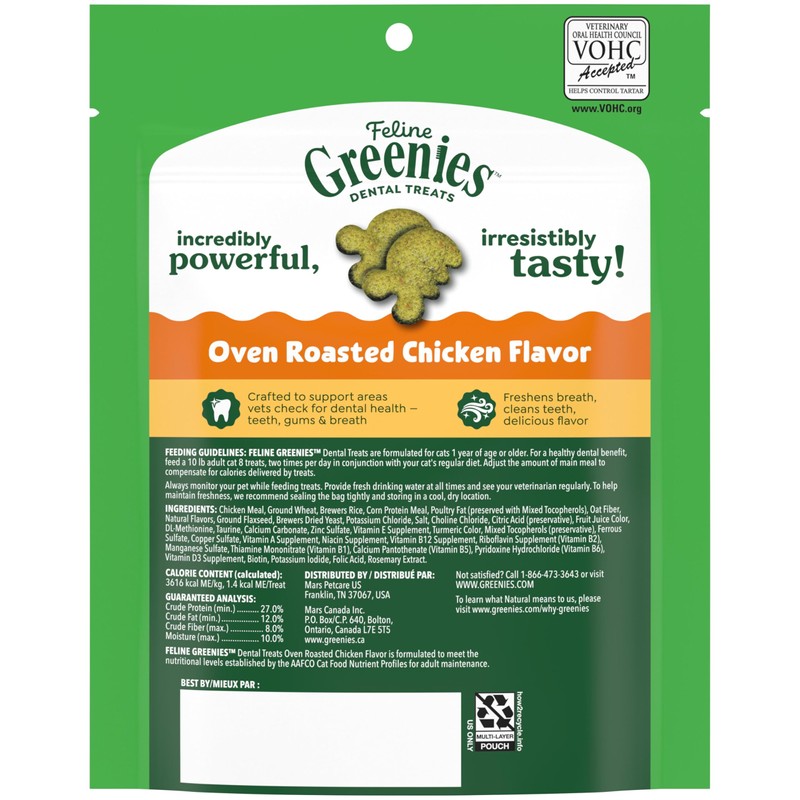 Greenies Feline Veterinarian-Recommended Adult Natural Dental Cat Treats, Oven Roasted