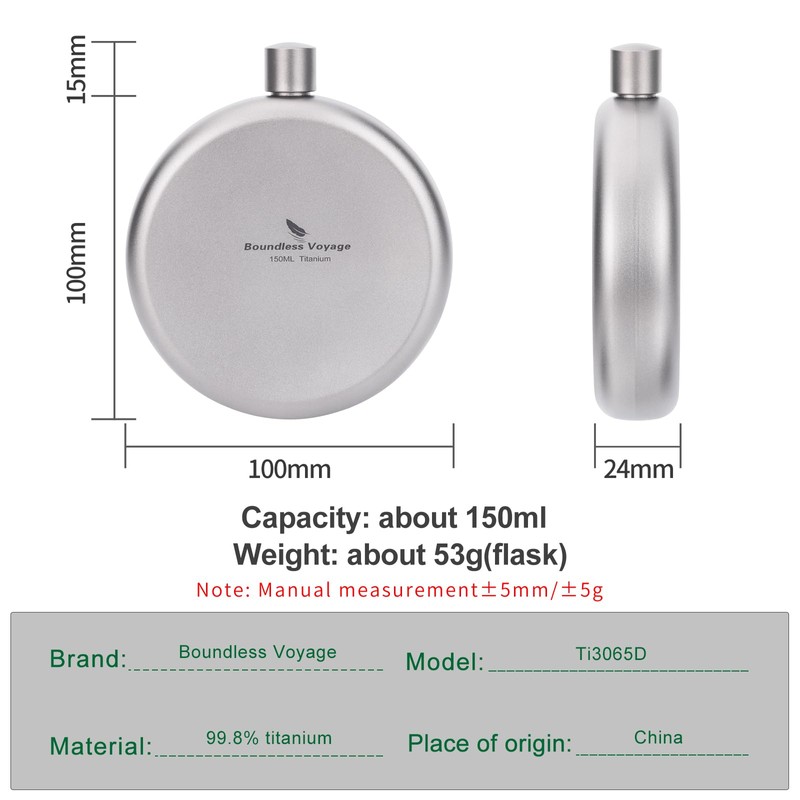 Boundless Voyage Titanium Ultralight Hip Flask, 150ml, Round, Ti3065D