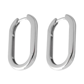 Sterling Silver Long Plain Shiny Oval Square Hoop Cuff Drop Earrings 26mm 2 Tones Rhodium / 18K Gold (Rhodium)