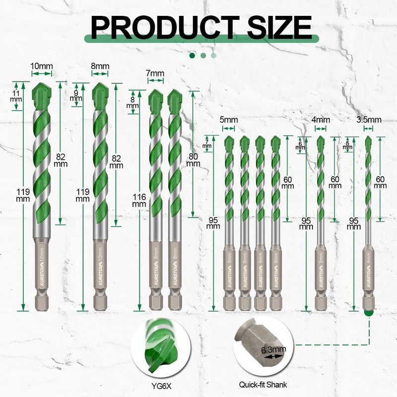 KURSTOL Masonry Drill Bit Set - 10pcs 1/8"-1/2" Concrete Diamond
