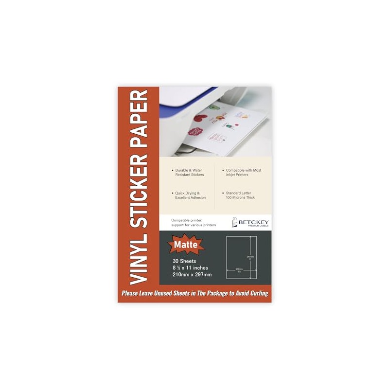 30 Sheets A4 Sticker Paper, Printable Not Waterproof Matte Vinyl