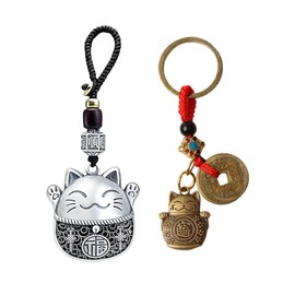 SHIDXIB 2Pcs Fortune Cat Decor Keychain Bag Purse Car Pendant Lucky Cat Car Key Chain Pendant Key Ring Car Ornament, Small, Brown