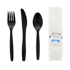 AmerCareRoyal 6-in-1 Disposable Silverware Medium-Plus Weight Plastic Utensil Set with Teaspoon, Fork, Knife, Salt & Pepper, 12x13 in Napkin - Individually Wrapped Cutlery Meal Kit, Black, Case of 250