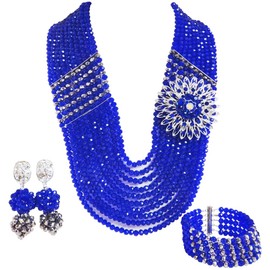 aczuv 10 Rows African Beads Jewelry Set for Women Nigerian Wedding Bridal Jewelry Sets (Royal Blue and Silver)