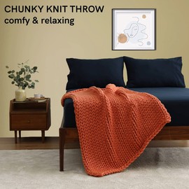 YnM Chunky Throw Blanket, Medium-Weight, Hand Knitted, Skin Friendly, Ventilated and Breathable, Machine Washable, Home Décor Piece for Couch, Sofa and Bed (Exotic Orange, 40x50 Inch)