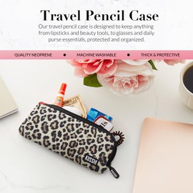 KUSSHI Neoprene Zipper Makeup Brush Pouch and Travel Pencil Case for Beauty Tools, Pencils, Brushes & Small Accessories - Makeup Brush Bag Pouch for Organization and Travel Items (Leopard/Red)