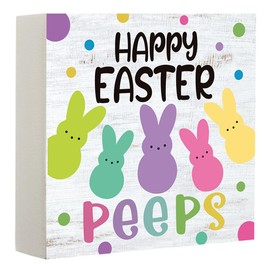 Happy Easter Peeps Bunny Garden Bunny Wooden Box Sign Spring Yard Rabbit Outdoor Farmhouse Decoration Décor for Home Farmhouse Office Farm Kitchen Dining Room Bathroom Shelf Table-156