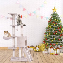 Tangkula 56-inch Cat Tree, Multi-Level Kitten Tower Condo with Scratching Post and Ladder, Pet Furniture Pet House for Kittens, Cat Activity Tower