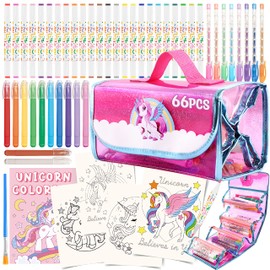 yasest Washable Kids Markers Set 66 Pcs with Glitter Unicorn Pencil Case, Brush Markers, Crayons, Glitter Pens, Coloring Pages, Gift for Girls Ages 4 5 6 7 8 8-12, Girls Toy, Unicorn Gift for Girls…