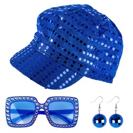 GWAWG 3 Pieces Sequin Hat with Vintage Disco Sunglasses Earrings Sequin Hat Abba Style Blue Glitter Abba Hats Costume Accessories Set for Adults Women Theme Party Birthday