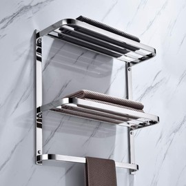 2-Tier Towel Rack Floating Shelf with Towel Bar, 24-Inch W x 8.75-Inch D Bathroom Hotel Towel Shelf, Wall Mount, Mounting Hardware Included,Polished Chrome