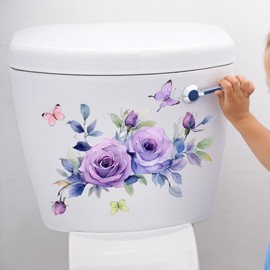 Purple Flowers Butterfly Toilet Seat Lid Stickers Self-Adhesive Bathroom Wall Sticker Floral Butterfly Toilet Seat Decals DIY Removable Waterproof Toilets Sticker for Bathroom Cistern Decor Decals
