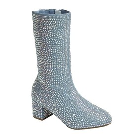 ABSOLEX Girl's Rhinestone Round Toe Knee High Chunky Low Heel Boot, Blue Denim, 12
