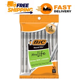 BIC Round Stic Xtra Life Ballpoint Pen, Medium Point (1.0mm), Black, 10-Count