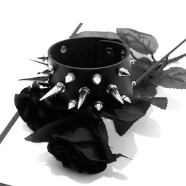 Milakoo Black Leather Bracelet Punk Rock Studded Bracelet Wide Leather Bangle Cuff Adjustable, Leather