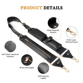 LUCKYCOIN Full Grain Leather Bag Strap Replacement,Adjustable Crossbody Shoulder Strap 46"-55" with Metal Swivel Hooks,Handmade Universal Replacement Strap for Purses Handbags Briefcases - Black