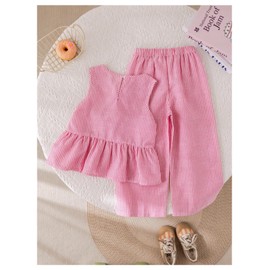 WDIRARA Girl's 2 Piece Outfits Striped Bow Ruffle Tank Pants Set Summer Outfits Pink 7Y