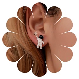 Inilbran Boho Astronaut Star Earrings Vintage Spaceman Star Stud Earrings White 3D Astronaut Earrings Asymmetrical Spaceman Star Earrings Jewelry for Women and Girls