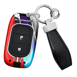 HIBEYO 2 Button Key Fob Cover Compatible with Honda Civic Accord Fit 2022 2023 Accessories Metal Painted Sports Style Key Shell with Leather Keychains-2 Button Red