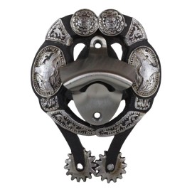 Rustic Western Cowboy Boot Spur With Silver Longhorn Conchos Wall Bottle Opener