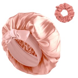 Satin Bonnet for Women, Silk Hair Bonnet for Sleeping Night Sleeping Cap with Tie Band and Scrunchies, Soft Hair Bonnet for Curly Hair Braid (Blush Pink)