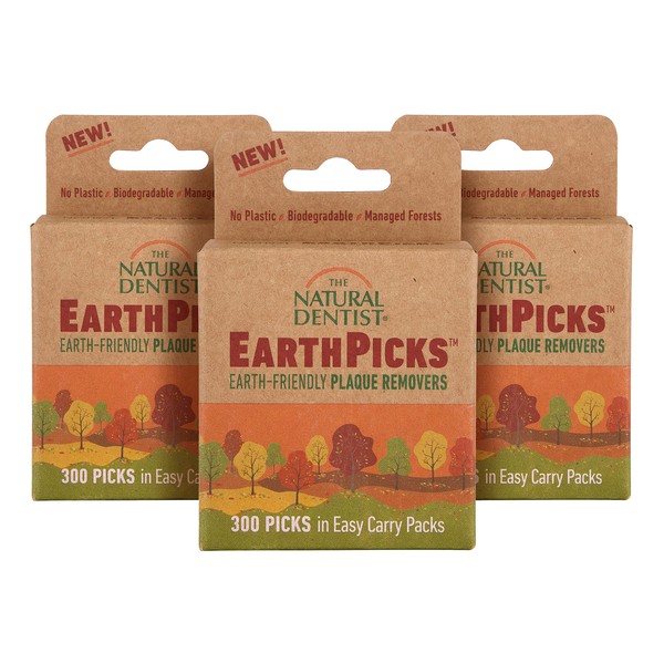 EarthPicks, Plaque Removers for Teeth and Gums, 900 Mint Flavored Biodegradable Vegan Dental Picks, Alternative to Dental Floss and Plastic Floss-Picks, 300 Per Box, 3 Boxes
