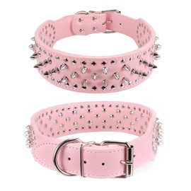 Hoot PU Leather Adjustable Spiked Studded Dog Collar 2" Wide 43 Spikes (L(Neck 21"-24"), Rose Red) (XS(Neck:15"-18"),Pink)