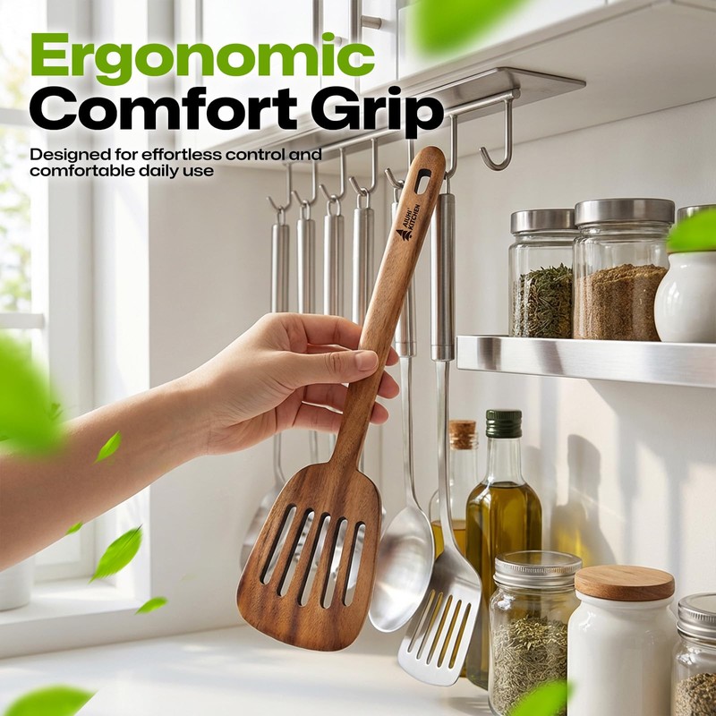 AIUHI Natural Teak Slotted Spatula, Ergonomic Long Handle Cook Spatula,