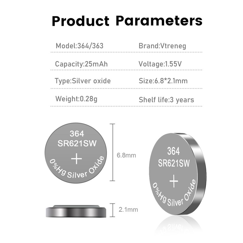 Vtreneg 20 Pack 364 Watch Battery 363 AG1 164 SR621SW