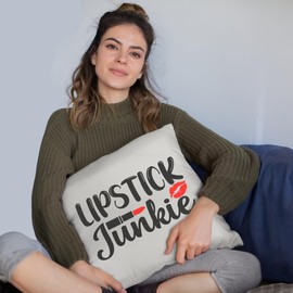 Lipstick Junkie w/Red Lips Design - Beauty Themed Merch for Makeup Artist or Cosmetologist, Gift for Makeup Lovers, Pillow Cover, White 18X18 in