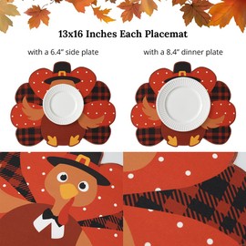 Feuille Thanksgiving Placemats Set of 4 – Fall Placemats for Dining Table Orange Brown Plaid, Harvest Turkey Placemats for Fall Autumn Thanksgiving Decorations