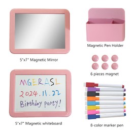 MGERASL Pink Magnetic Locker Accessories 17 Pieces with Magnetic Dry Erase Board, Locker Mirror and Magnetic Pen Holder, 6 Pieces Magnets, 8 Colorful Markers, for School Lockers (Pink)