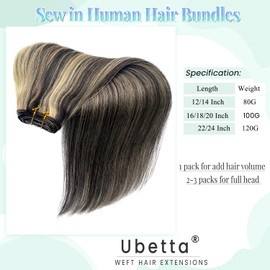 Sew In Real Human Hair Extensions, 18 Inch 100G Weft, Natural Black to Blonde Highlights, Weave Bundles for Women