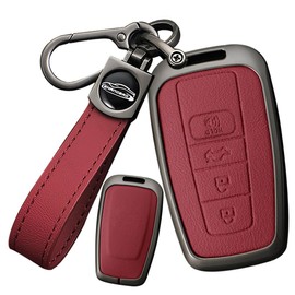 SANRILY Keyless Metal 4 Button Key Fob Cover Compatible with Toyota Camry 2018-2024 RAV4 Corolla Avalon C-HR Prius GT86 Highlander Leather Key Case Shell with Keychain Red