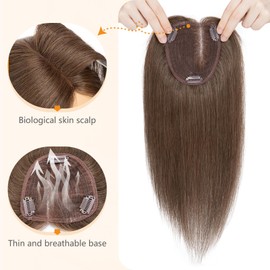 Benehair 100% Human Hair Toppers for Women 10 Inch No Bangs Top Hair Pieces for Thinning Hair 4 * 4.7'' Hand Made Lace Base Clip in Hair Topper with 3 Clips Dark Brown Side-parted hair Toppers