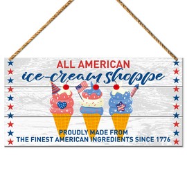 America Patriotic Sign Decor, All American Ice-Cream Shoppe, July 4th Home Front Door USA Decor Independence Day Memorial Day Plaque Decoration for Home Porch Office Party