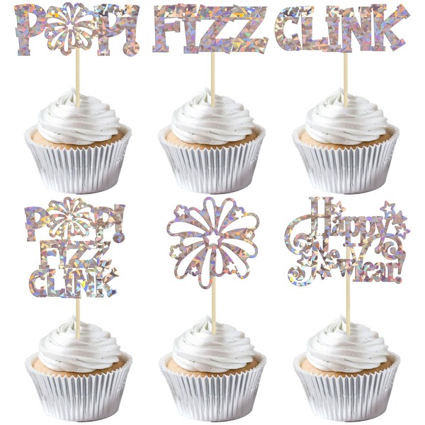24 piezas de adornos para cupcakes de feliz año nuevo 2024 con purpurina de bienvenida 2024 fuegos artificiales Fizz Pop Clink decoraciones para cupcake para 2024 Happy New Year, suministros de fiesta