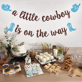 A Little Cowboy is on The Way Banner, Cowboy Baby Shower Party Decor, Western Rodeo Theme Baby Shower Birthday Party Decorations, Brown and Blue Glitter