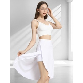 Bezioner Women's Skirt with Shorts High Waist Athletic Skort with Pockets Midi Length Flowy Skirt with Slit Ruffle Hem White L