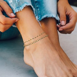 MTMY Gold Anklets for Women 14K Gold Plated Tiny Bead Anklet Green Cubic Zirconia Tassel Foot Chain Dainty Adjustable Cute Anklets Summer Beach Boho Anklets Jewelry Gift for women (crystal-green)