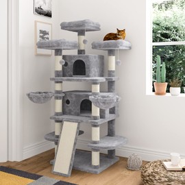 IMUsee 68 Inches Multi-Level Large Cat Tree for Large Kitties/Big Cat Tower with Condo/Cozy Plush Perches/Sisal Scratching Posts and Hammocks/ ‌Feline Activity Center Play House/Grey