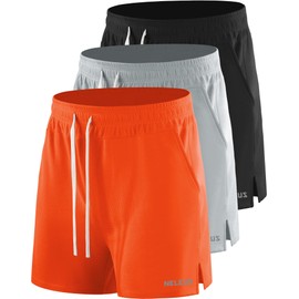 NELEUS Men's 3 Pack Running Shorts with Pockets,3D Honeycomb Thick Fabric,6112, Black/Light Grey/Orange,XL