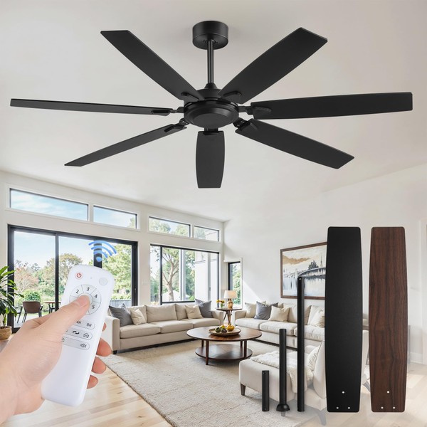 62 Inch Ceiling Fan No Light with Remote Control, Black
