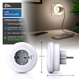 CSL - Night Light Socket with Twilight Sensor - LED Night Lamp with Brightness Sensor - Auto On Off - Orientation Light with 3 Light Colours Warm White Blue Green - Children Adults Seniors