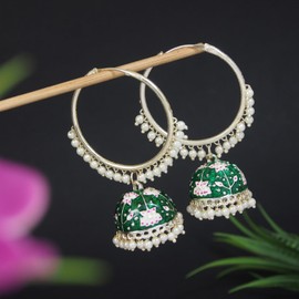 I Jewels Gold Plated Indian Bollywood Festive Party Wear Enamel Pearl Hoop Jhumki Earrings for Women (E2915) (Green)