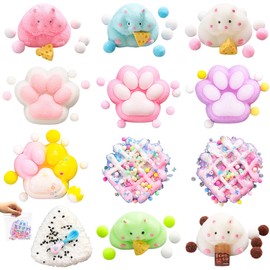 Soulchen 12 Pcs Squishy Stress Toy Kit Squeeze Fidget Toys Include 5 Hamster 4 Cat Paws 2 Waffles 1 Rice Ball Stress Relief Sensory Balls for Adults Relieve Anxiety Birthday Party Favors